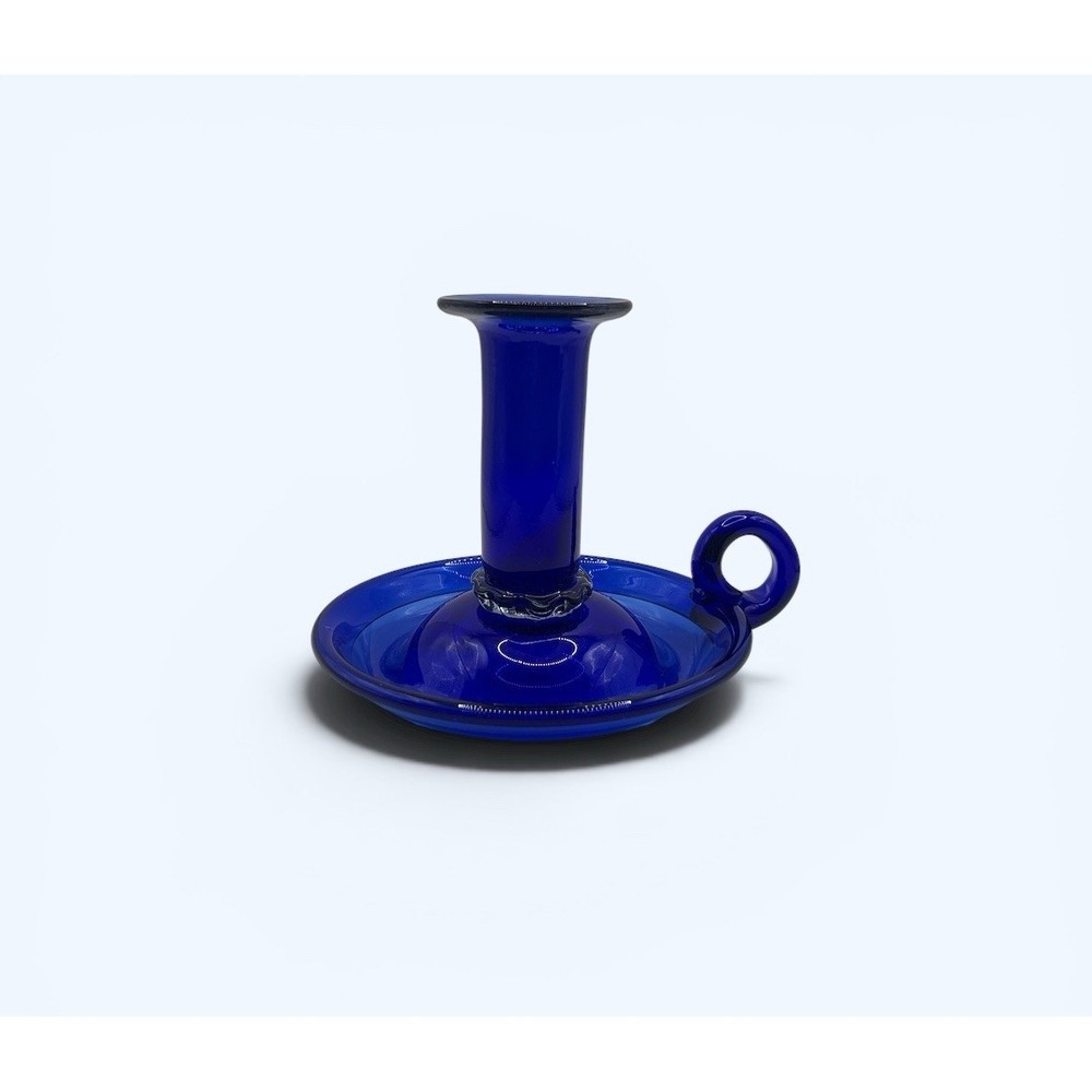VINTAGE GLASS COBALT BLUE CANDLESTICK HOLDER‎ WITH FINGER LOOP